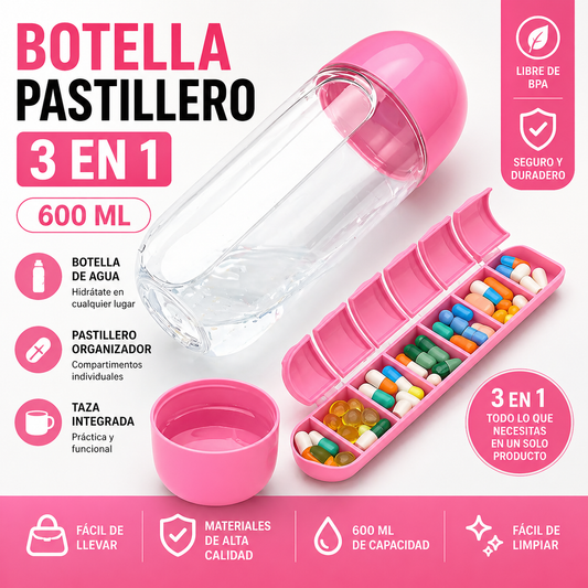 HidraSalud™- Botella Pastillero 3 en 1 600 ML